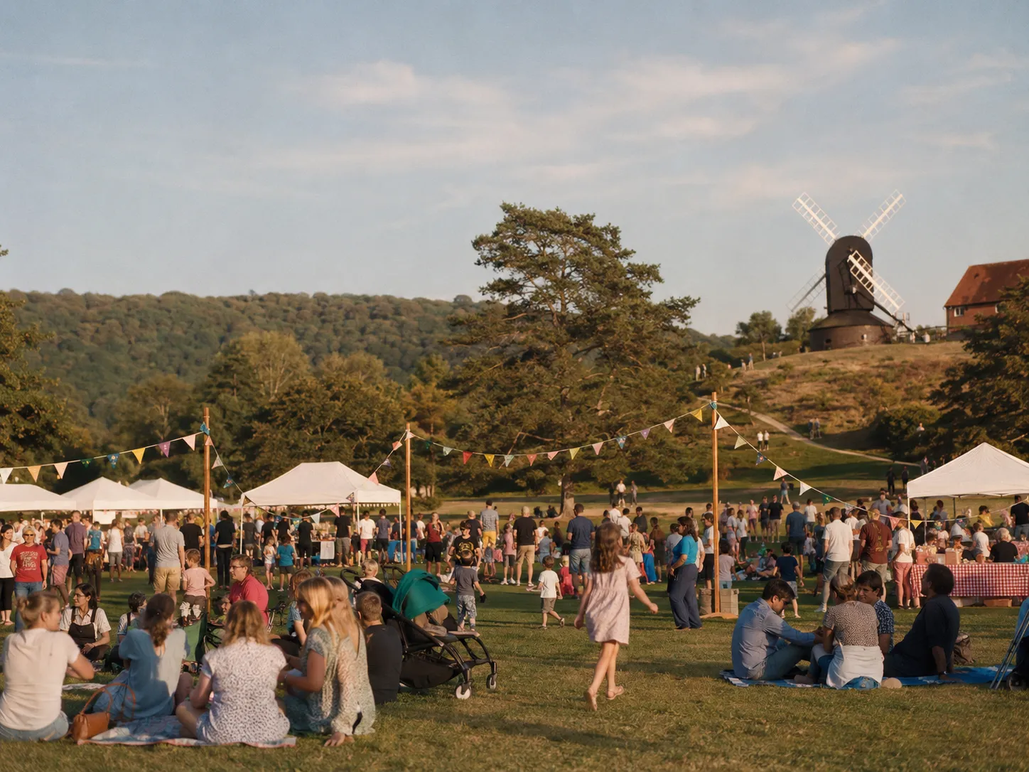 Families gathered on the green at a Reigate community day, with bunting, stalls and the windmill on Reigate Heath on the hill behind.